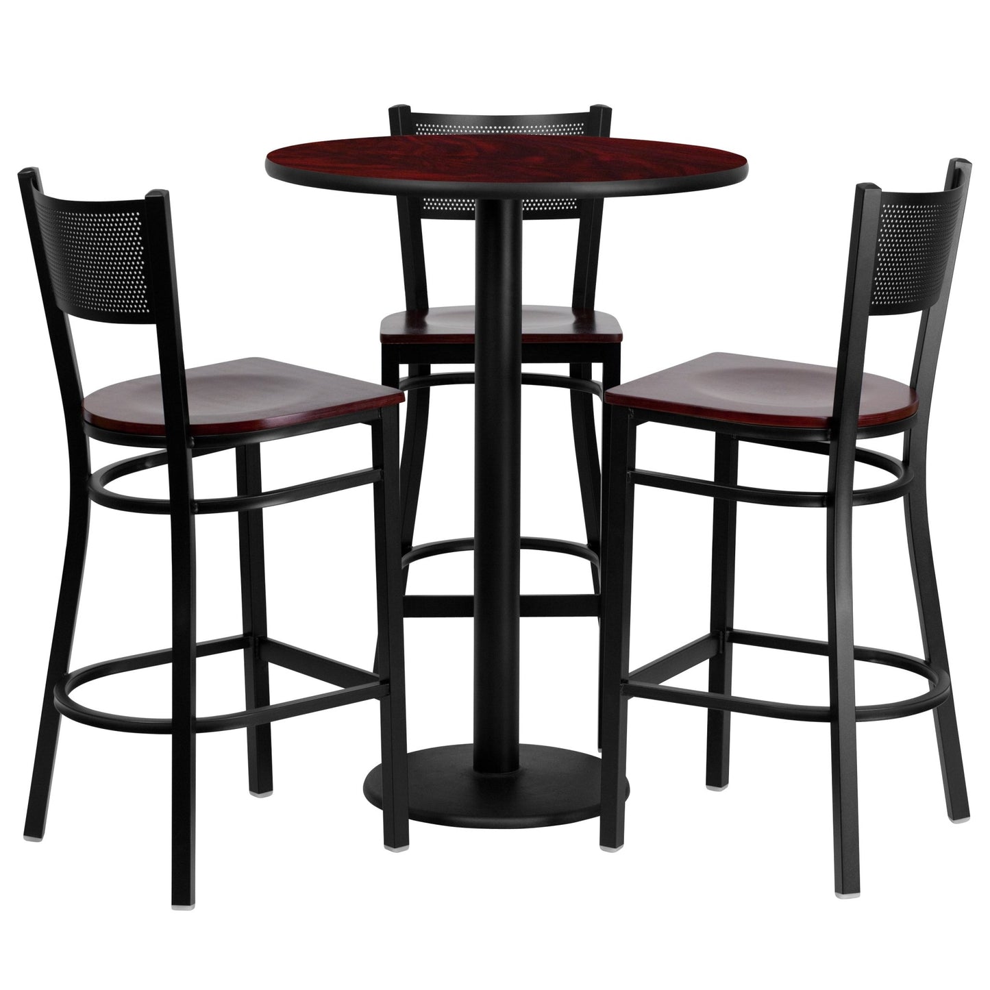 Clark 30'' Round Laminate Table Set with 3 Grid Back Metal Barstools - Mahogany Top and Wood Seat by Flash Furniture - SchoolOutlet