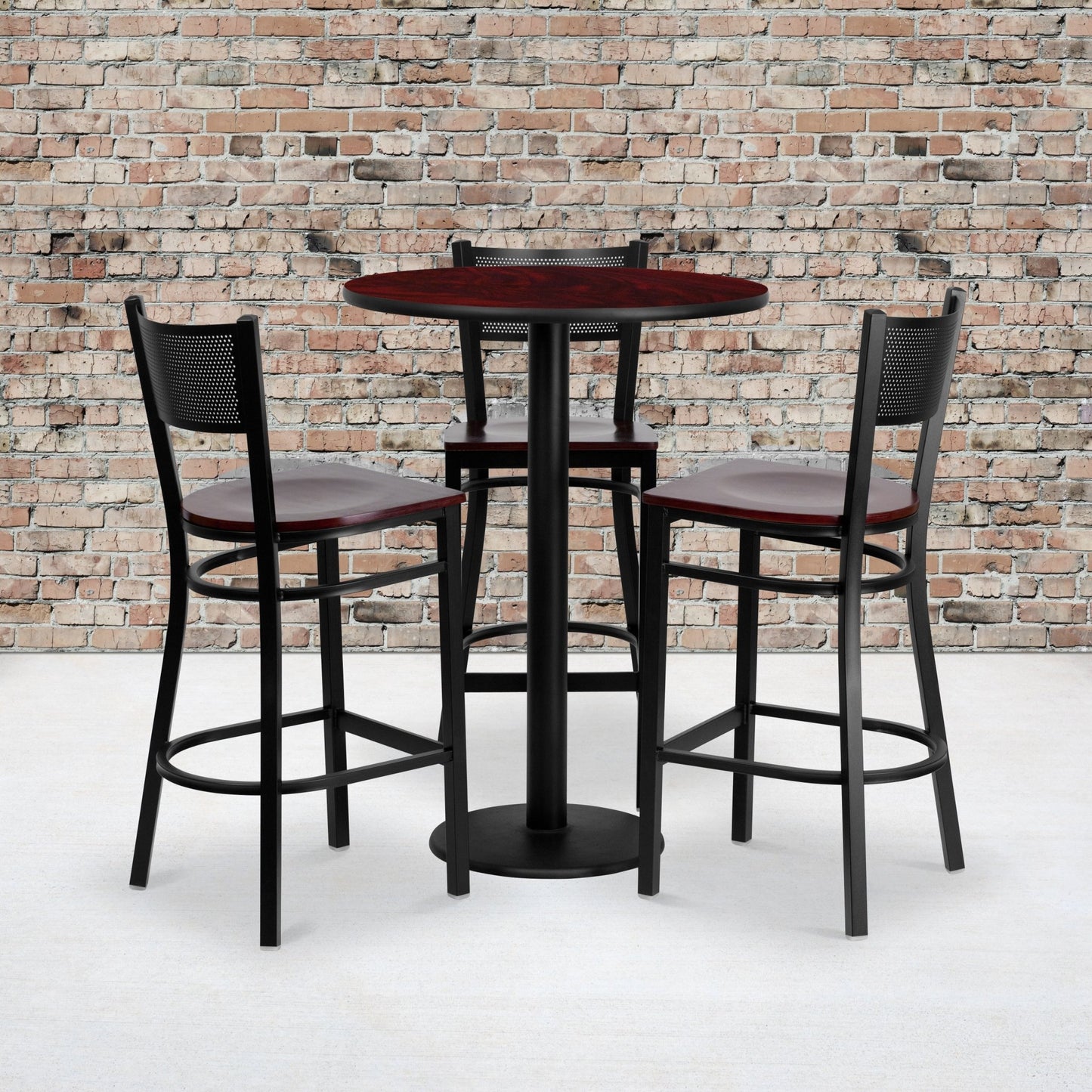 Clark 30'' Round Laminate Table Set with 3 Grid Back Metal Barstools - Mahogany Top and Wood Seat by Flash Furniture - SchoolOutlet