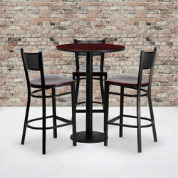 Clark 30'' Round Laminate Table Set with 3 Grid Back Metal Barstools - Mahogany Top and Wood Seat by Flash Furniture