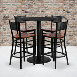 Clark 36'' Round Black Laminate Table Set with 4 Grid Back Metal Barstools - Cherry Wood Seat by Flash Furniture