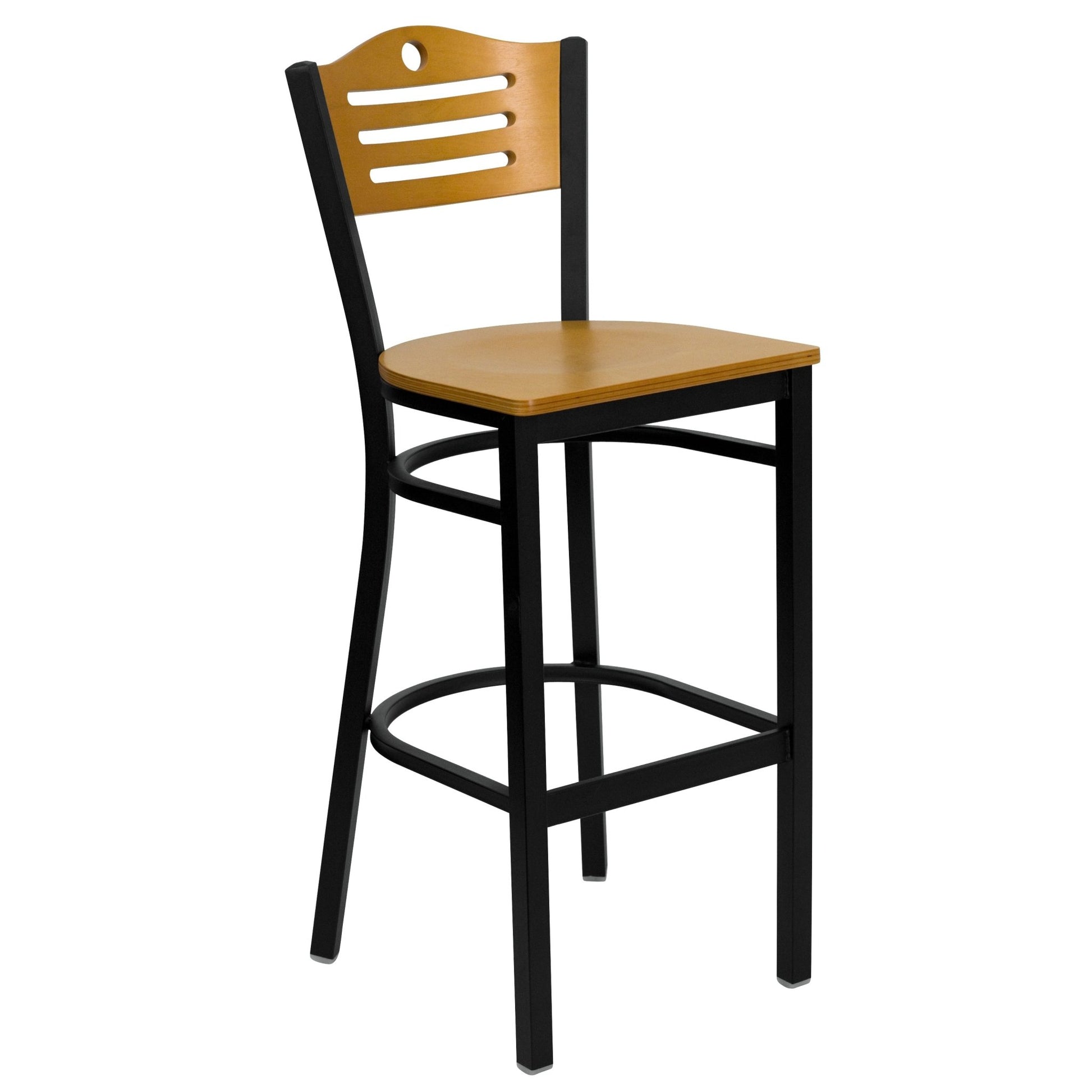 Clark 30'' Square Black Laminate Table Set with 4 Wood Slat Back Metal Barstools - Black Vinyl Seat by Flash Furniture - SchoolOutlet