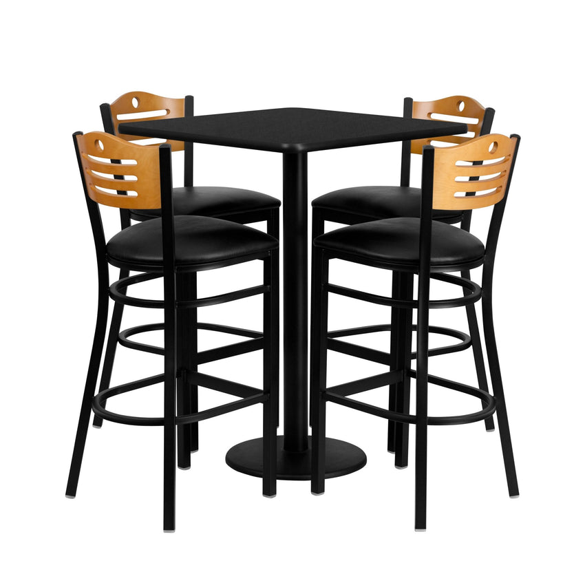 Clark 30'' Square Black Laminate Table Set with 4 Wood Slat Back Metal Barstools - Black Vinyl Seat by Flash Furniture - SchoolOutlet