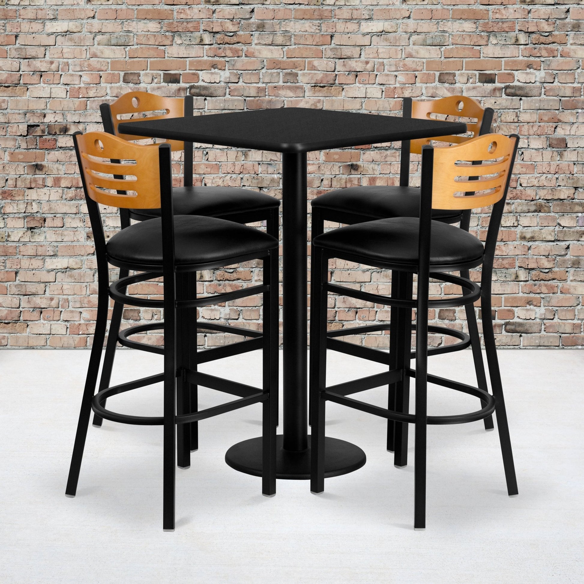 Clark 30'' Square Black Laminate Table Set with 4 Wood Slat Back Metal Barstools - Black Vinyl Seat by Flash Furniture - SchoolOutlet