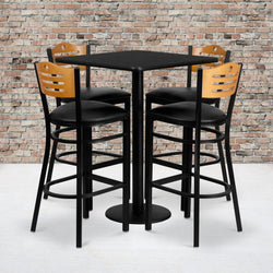 Clark 30'' Square Black Laminate Table Set with 4 Wood Slat Back Metal Barstools - Black Vinyl Seat by Flash Furniture