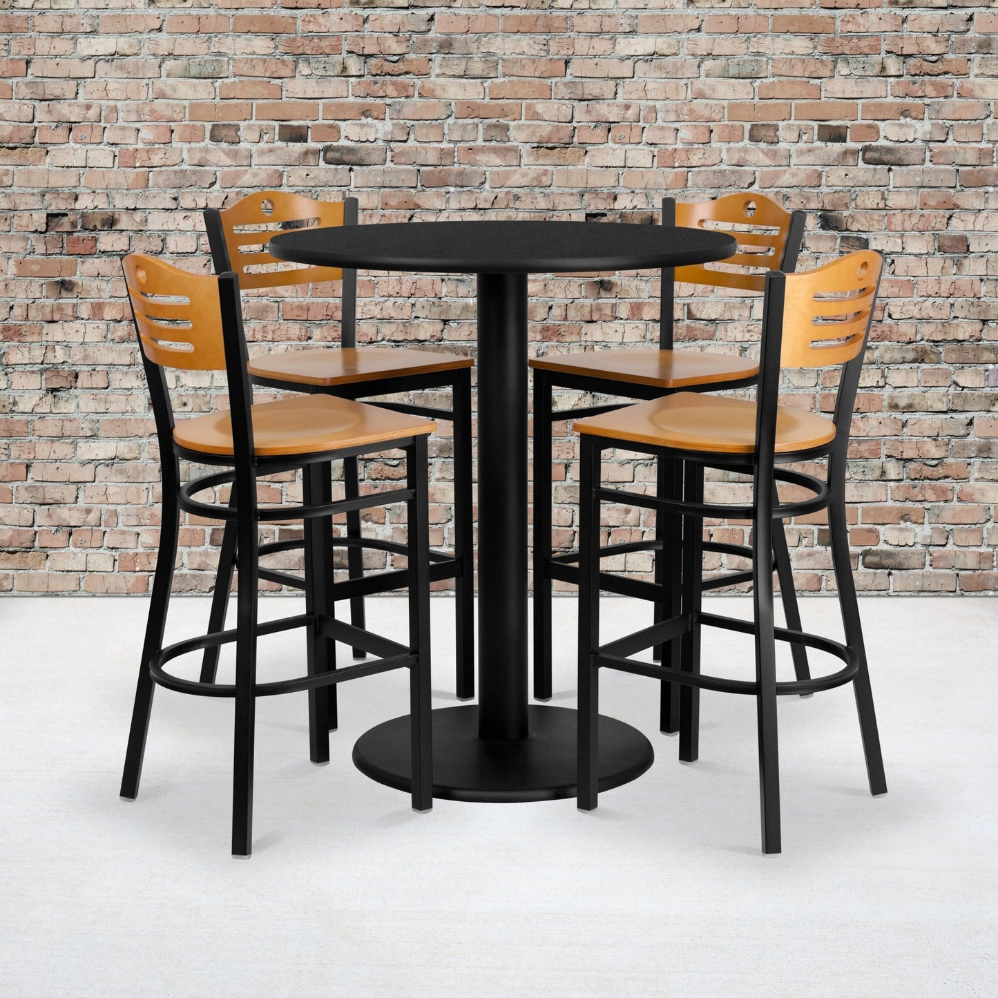 Clark 36'' Round Black Laminate Table Set with 4 Wood Slat Back Metal Barstools - Natural Wood Seat by Flash Furniture - SchoolOutlet