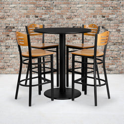 Clark 36'' Round Black Laminate Table Set with 4 Wood Slat Back Metal Barstools - Natural Wood Seat by Flash Furniture