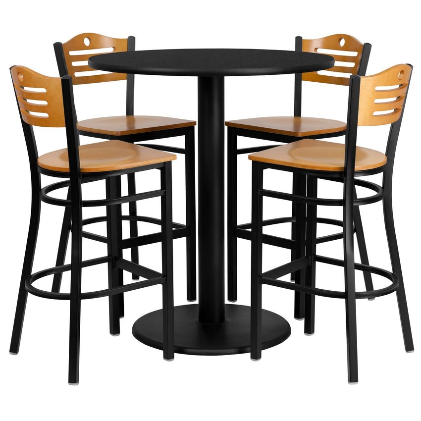 Clark 36'' Round Black Laminate Table Set with 4 Wood Slat Back Metal Barstools - Natural Wood Seat by Flash Furniture - SchoolOutlet