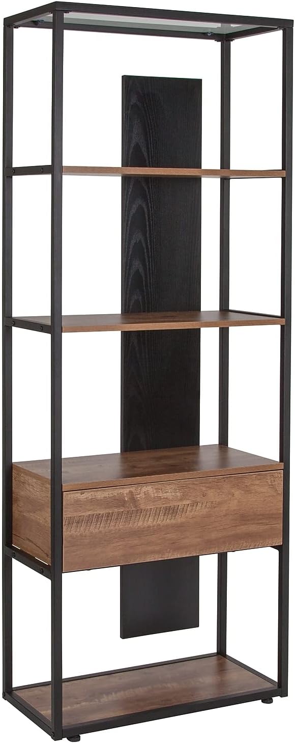 Cumberland Collection 4 Shelf 65.75"H Bookcase with Drawer in Rustic Wood Grain Finish - SchoolOutlet