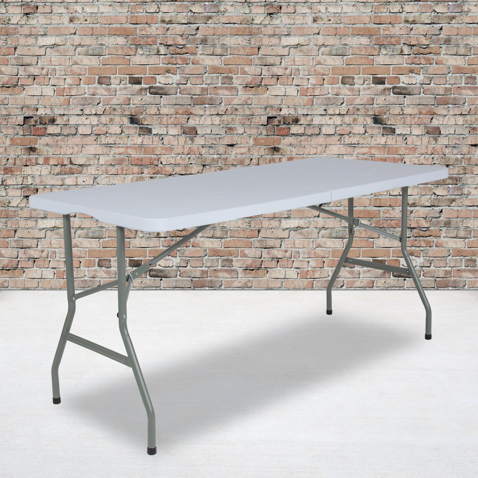 Kathryn 4.97 - Foot Bi - Fold Rectangular Plastic Folding Table for Banquet and Event with Carrying Handle - Granite White by Flash Furniture - SchoolOutlet