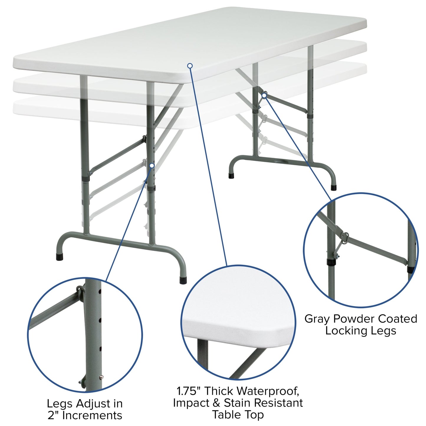 Kathryn 6 - Foot Rectangular Plastic Folding Table with Adjustable Height - Granite White by Flash Furniture - SchoolOutlet