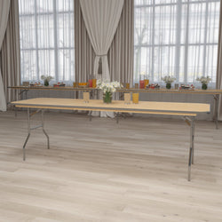 Fielder 8-Foot Rectangular Folding Banquet Table Heavy Duty Birchwood with Metal Edges and Protective Corner Guards by Flash Furniture