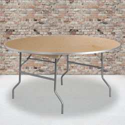 Fielder 5-Foot Round Folding Banquet Table Heavy Duty Birchwood with Metal Edges by Flash Furniture