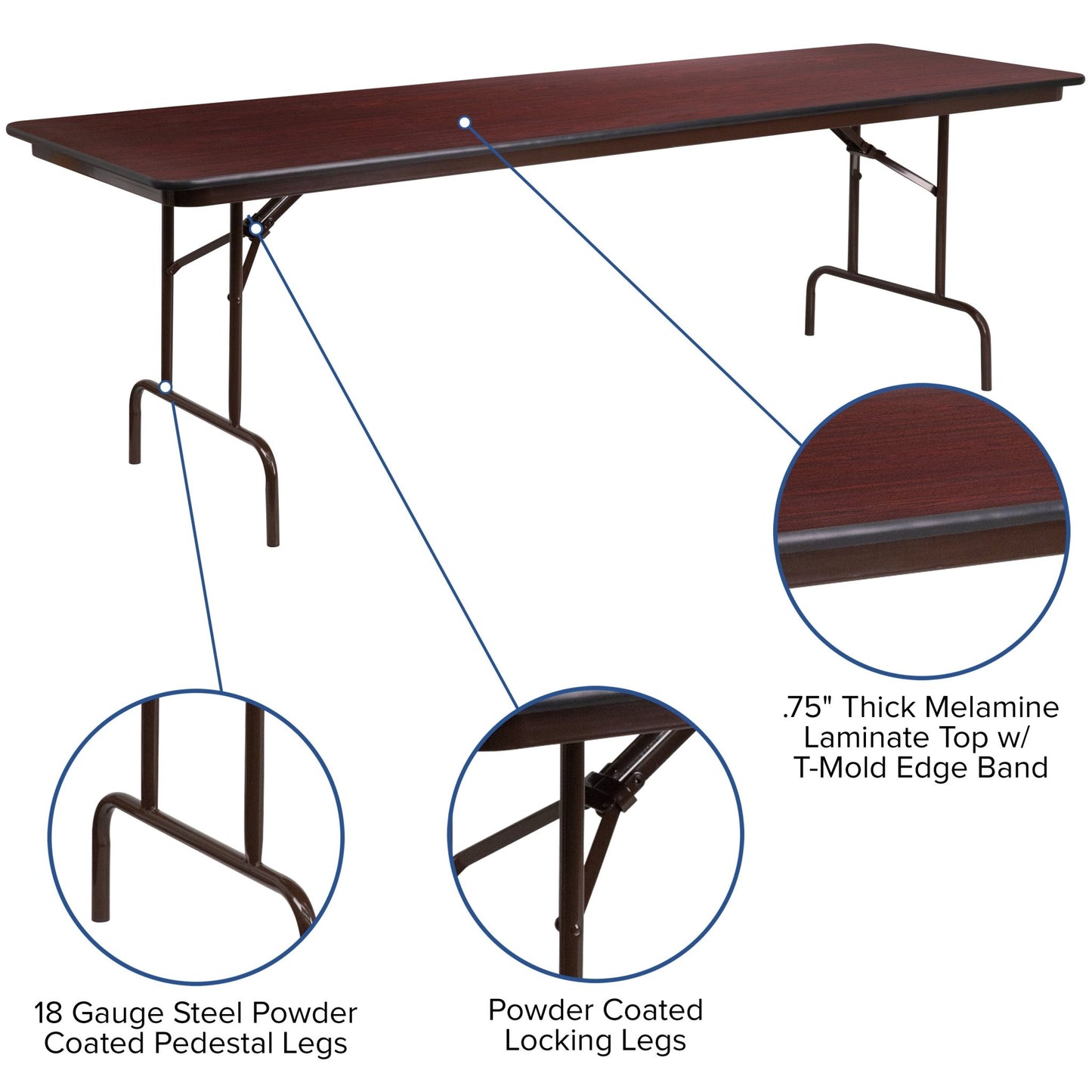 Frankie 8 - Foot Rectangular Banquet Folding Table with Melamine Laminate Top in Mahogany (30"W x 96"D x 30"H) by Flash Furniture - SchoolOutlet