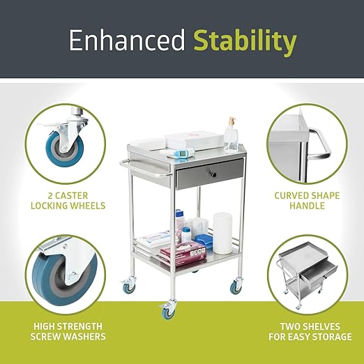 Fuerza 2 - Tier Rolling Medical and Lab Storage Cart, Large Capacity Portable Cart with Sealed Top and Silent Wheels for Lab, Clinic, Salon, and More - SchoolOutlet