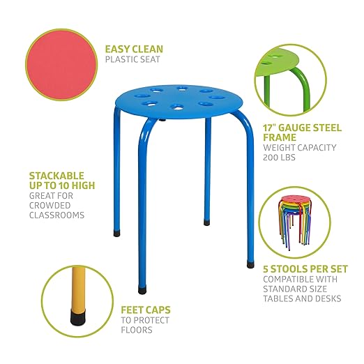 Fuerza Multipurpose Plastic Stool Chairs, Flexible Multi - Color Stacking Seating (Pack of 5) - SchoolOutlet