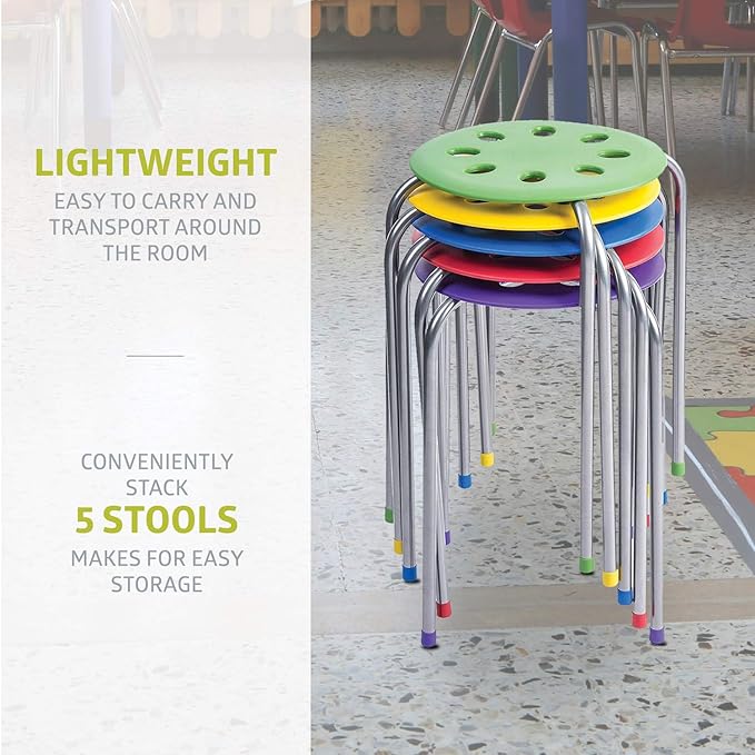 Fuerza Multipurpose Plastic Stool Chairs, Flexible Multi - Color Stacking Seating, Stainless Steel Legs (Pack of 5) - SchoolOutlet