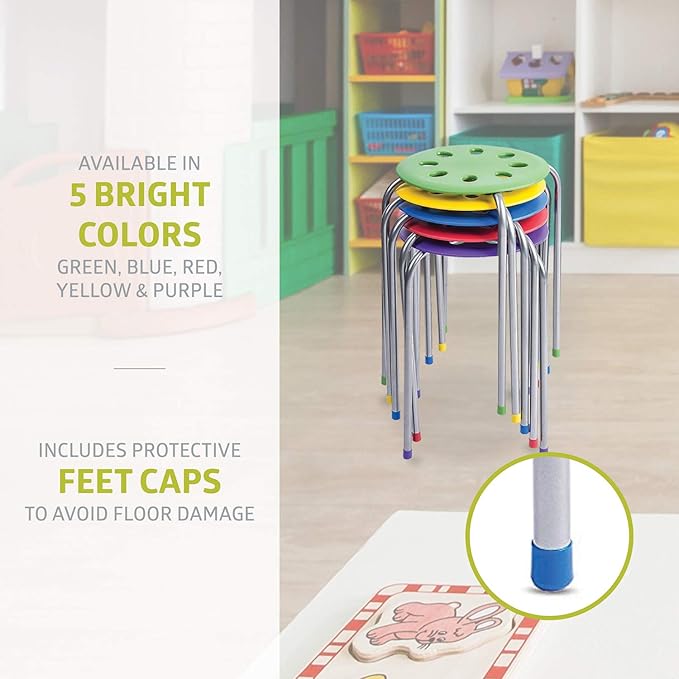 Fuerza Multipurpose Plastic Stool Chairs, Flexible Multi - Color Stacking Seating, Stainless Steel Legs (Pack of 5) - SchoolOutlet