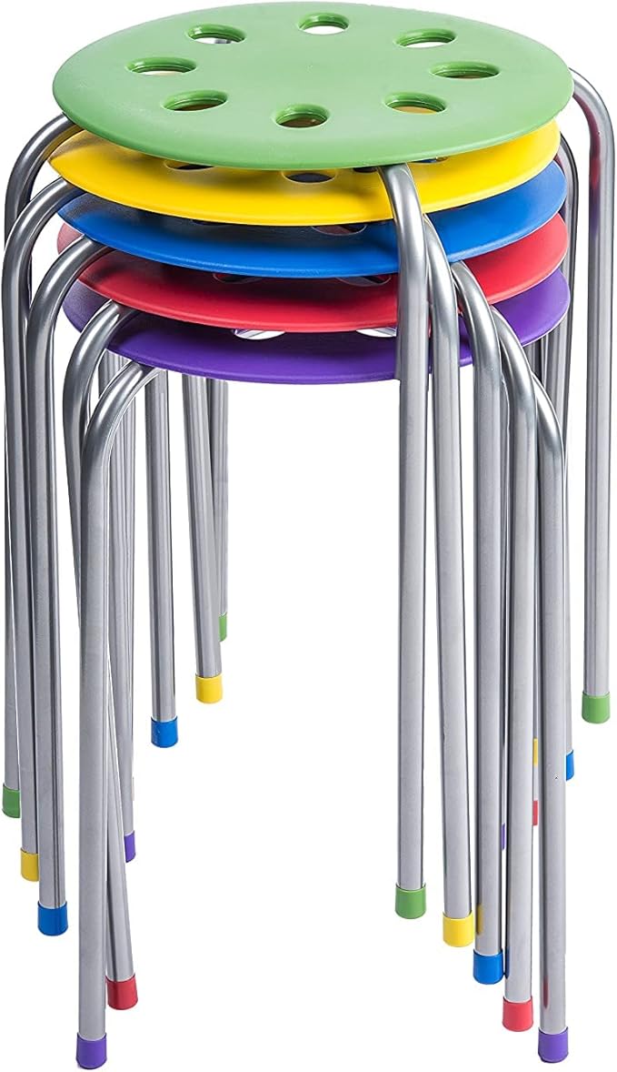 Fuerza Multipurpose Plastic Stool Chairs, Flexible Multi - Color Stacking Seating, Stainless Steel Legs (Pack of 5) - SchoolOutlet