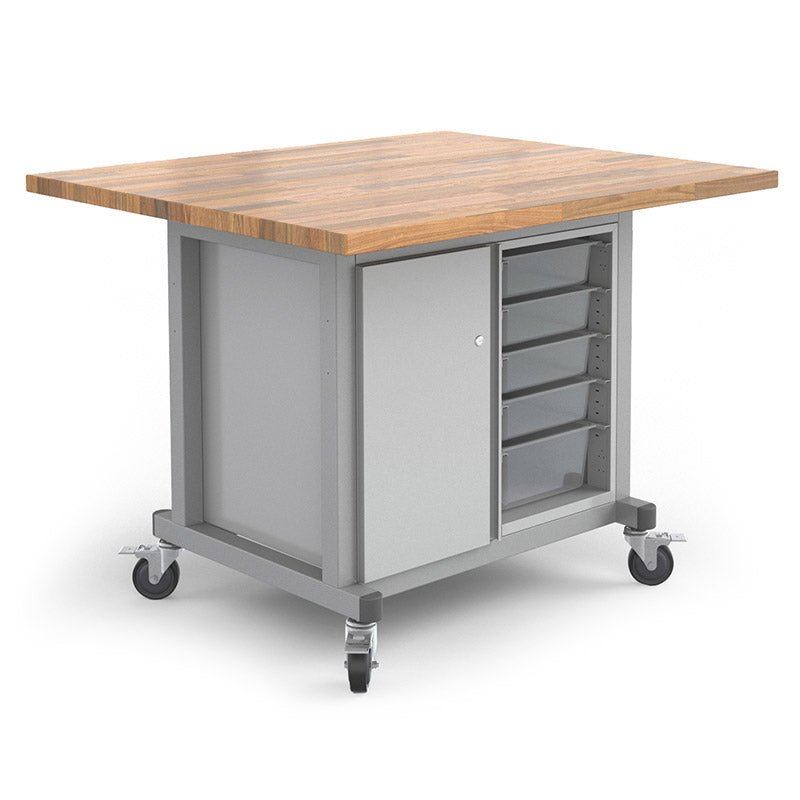 Haskell Education Explorer Series Maker Table with Butcher Block Top, 1 Bin Storage Module, 1 Single Storage Module with Door - 48"W x 42"D x 36.5"H (MK1BD.4248.P2) - SchoolOutlet