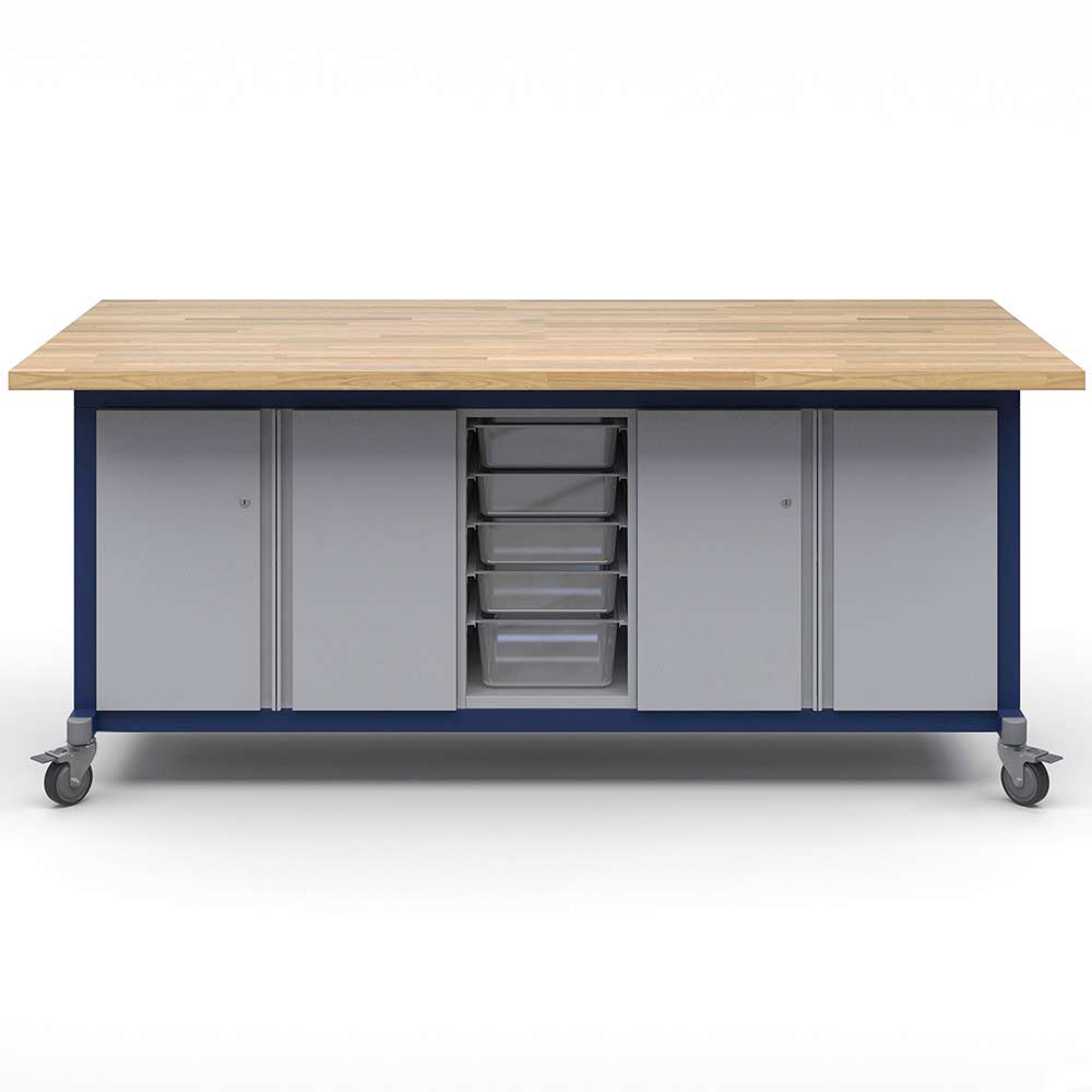 Haskell Education Explorer Maker Table with Butcher Block Top, 2 Double Storage Module with Doors, 1 Bin Center Storage Module - 36.5"H x 84"W x 42"D (MK1D2BD2.4284) - SchoolOutlet