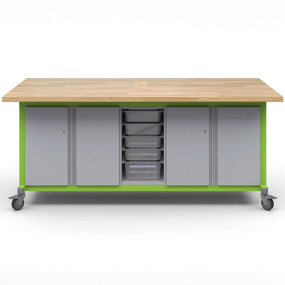 Haskell Education Explorer Maker Table with Butcher Block Top, 2 Double Storage Module with Doors, 1 Bin Center Storage Module - 36.5"H x 84"W x 42"D (MK1D2BD2.4284) - SchoolOutlet