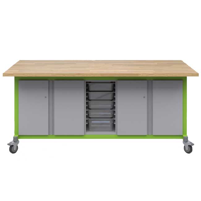 Haskell Education Explorer Maker Table with Butcher Block Top, 2 Double Storage Module with Doors, 1 Bin Center Storage Module - 36.5"H x 84"W x 42"D (MK1D2BD2.4284) - SchoolOutlet