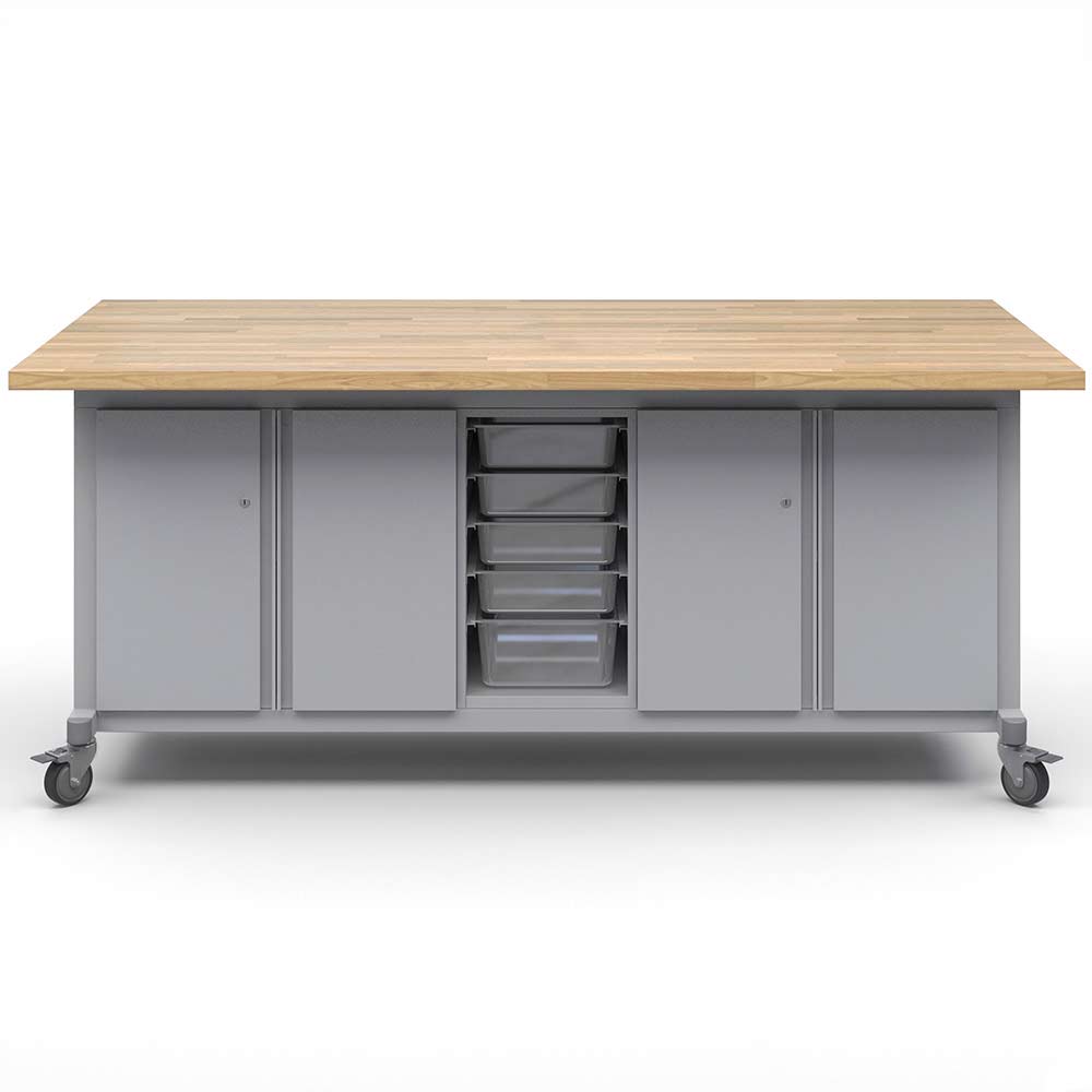 Haskell Education Explorer Maker Table with Butcher Block Top, 2 Double Storage Module with Doors, 1 Bin Center Storage Module - 36.5"H x 84"W x 42"D (MK1D2BD2.4284) - SchoolOutlet