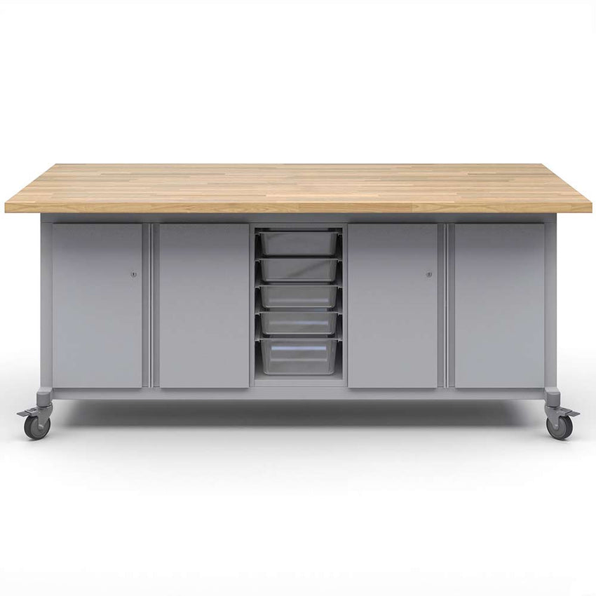 Haskell Education Explorer Maker Table with Butcher Block Top, 2 Double Storage Module with Doors, 1 Bin Center Storage Module - 36.5"H x 84"W x 42"D (MK1D2BD2.4284) - SchoolOutlet