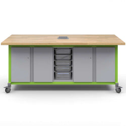 Haskell Education Explorer Maker Table with Butcher Block Top, 2 Double Storage Module with Doors, 1 Bin Center Storage Module and Power Unit- 36.5"H x 84"W x 42"D (MK1ED2BD2-4284)