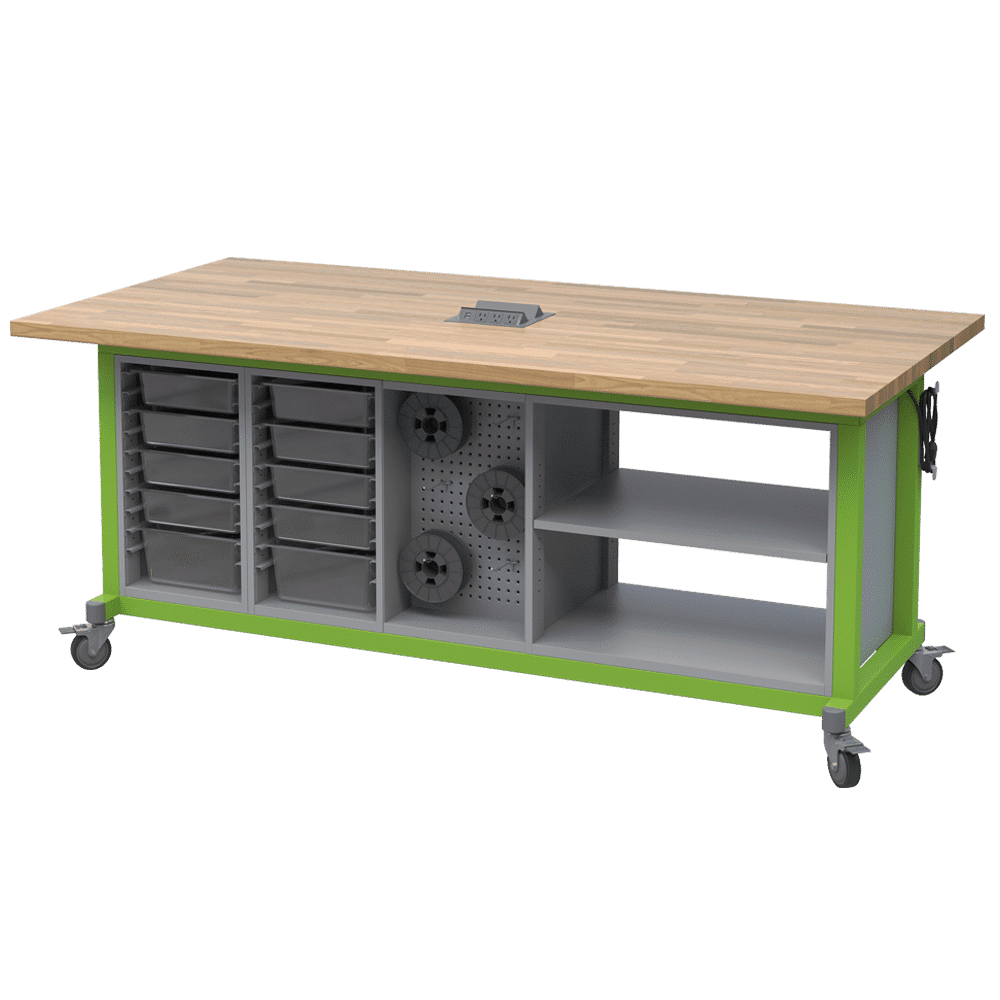 Haskell Education Maker Table with Butcher Block Top, Locking Caster with Power Unit - 36.5"H x 84"W x 42"D (MK1Exxxxx - 4284) - SchoolOutlet