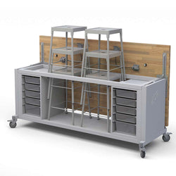 Haskell Education Rover Table with Butcher Block Retractable top, 2 Bin Storage Modules with Bins, 6 Stools (RV1SBxxxB)