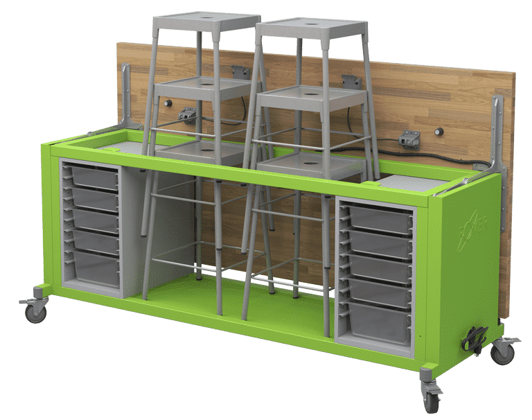 Haskell Education Rover Table with Butcher Block Retractable top, 2 Bin Storage Modules with Bins, 6 Stools, Power Unit (RVISEBxxxB) - SchoolOutlet