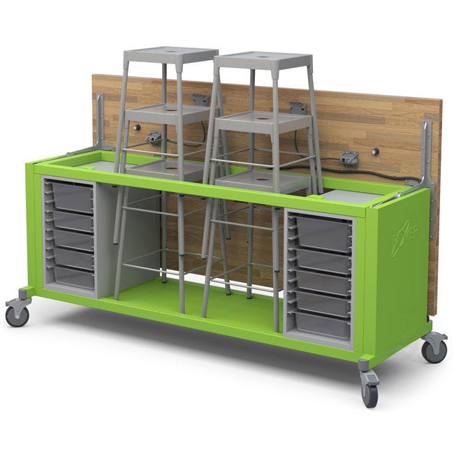 Haskell Education Rover Table with Butcher Block Retractable top, 2 Bin Storage Modules with Bins, 6 Stools, Power Unit (RVISEBxxxB) - SchoolOutlet