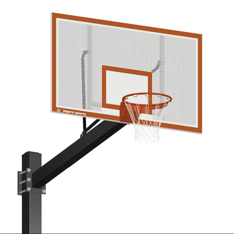 Jaypro Basketball System - Titan™ - (Powder Coated) Black (6" x 6" Pole with 6 ft. Offset) - 72" Perforated Steel Backboard Backboard (770 - PF - XX) - SchoolOutlet