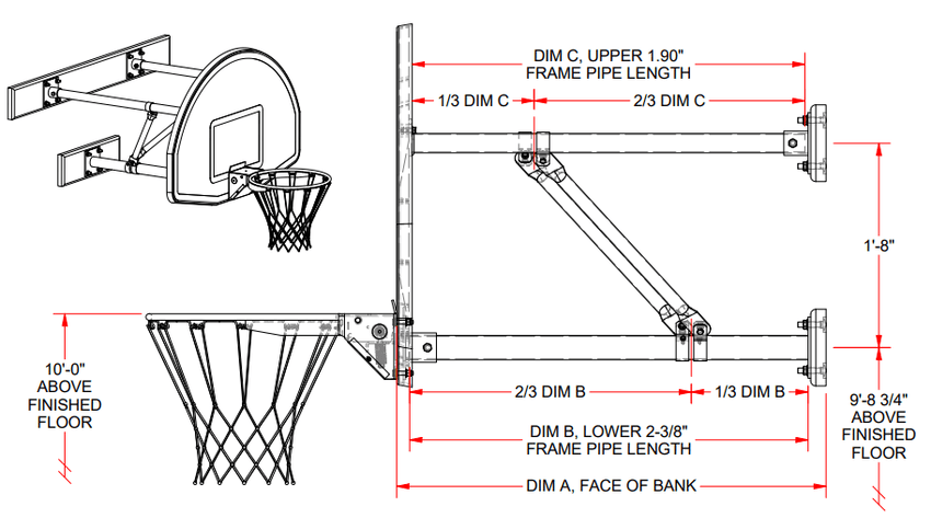 Jaypro Sports Basketball Backstop - Wall - Mounted - Shooting Station - 3 - Point Fan Backboard - 2 ft. - 3.5 ft. Wall Offset (N236FB) - SchoolOutlet