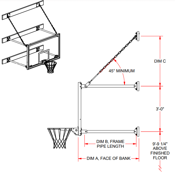 Jaypro Sports Basketball Backstop - Wall - Mounted - Shooting Station - Stationary Glass Backboard, 2 ft. - 12 ft. Wall Offset (N236FB) - SchoolOutlet