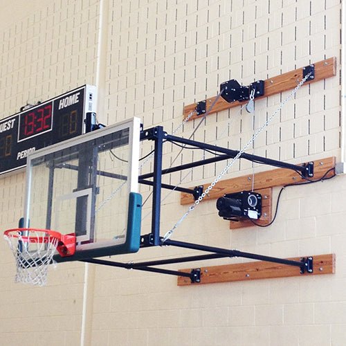 Jaypro Sports Basketball System - Wall - Mounted - Shooting Station - Fold - Up - Stationary Glass Backboard 2 ft. - 12 ft. Wall Offset (U1012GB) - SchoolOutlet