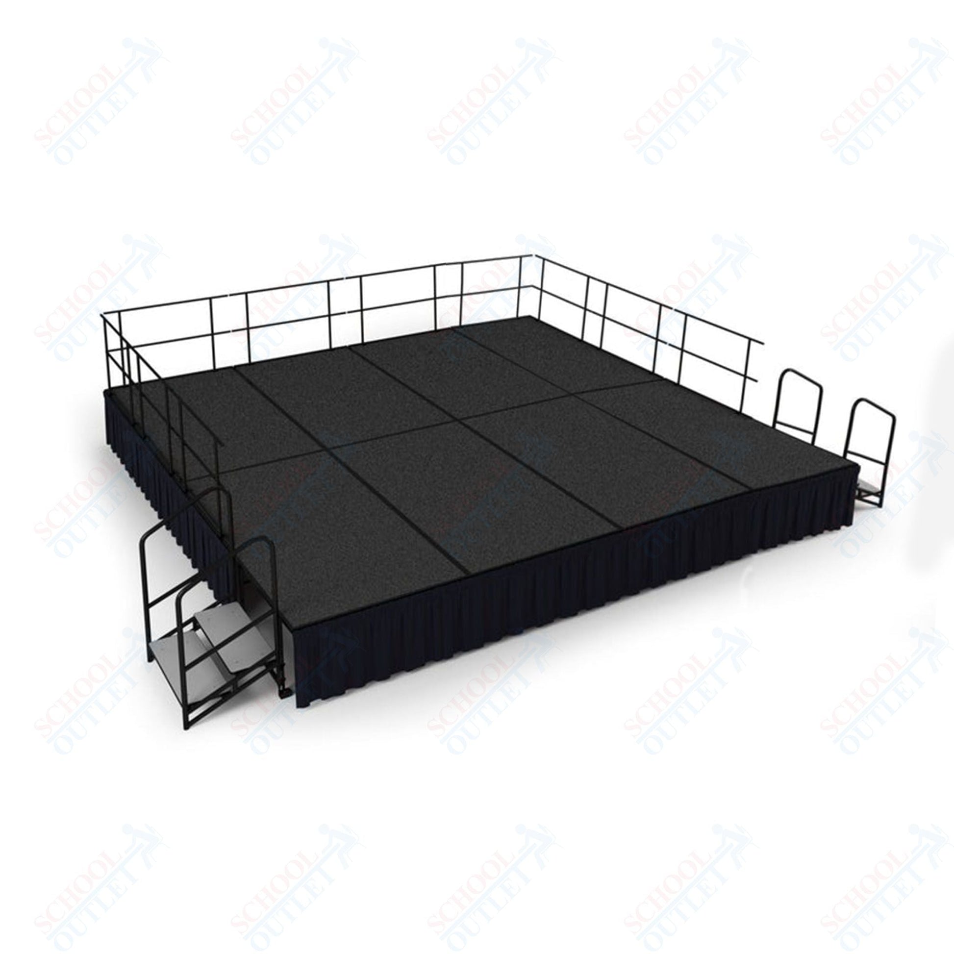 NPS Portable Stage Package w/ Carpeted or Hardboard Surface, 48"W x 24"H x 96"L, Boxed or Shirred Pleat Black Skirting - SchoolOutlet