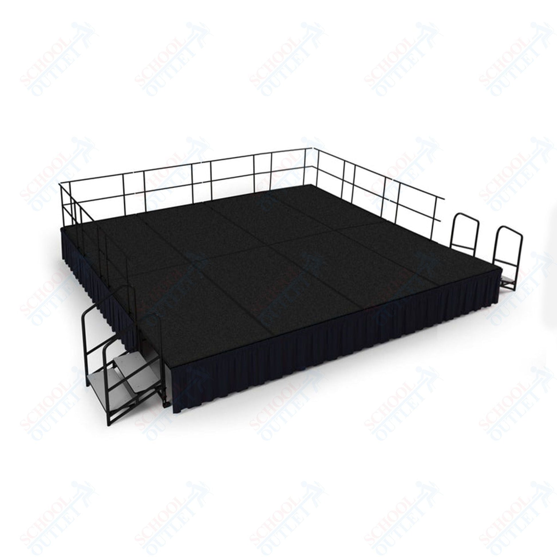 NPS Portable Stage Package w/ Carpeted or Hardboard Surface, 48"W x 24"H x 96"L, Boxed or Shirred Pleat Black Skirting - SchoolOutlet