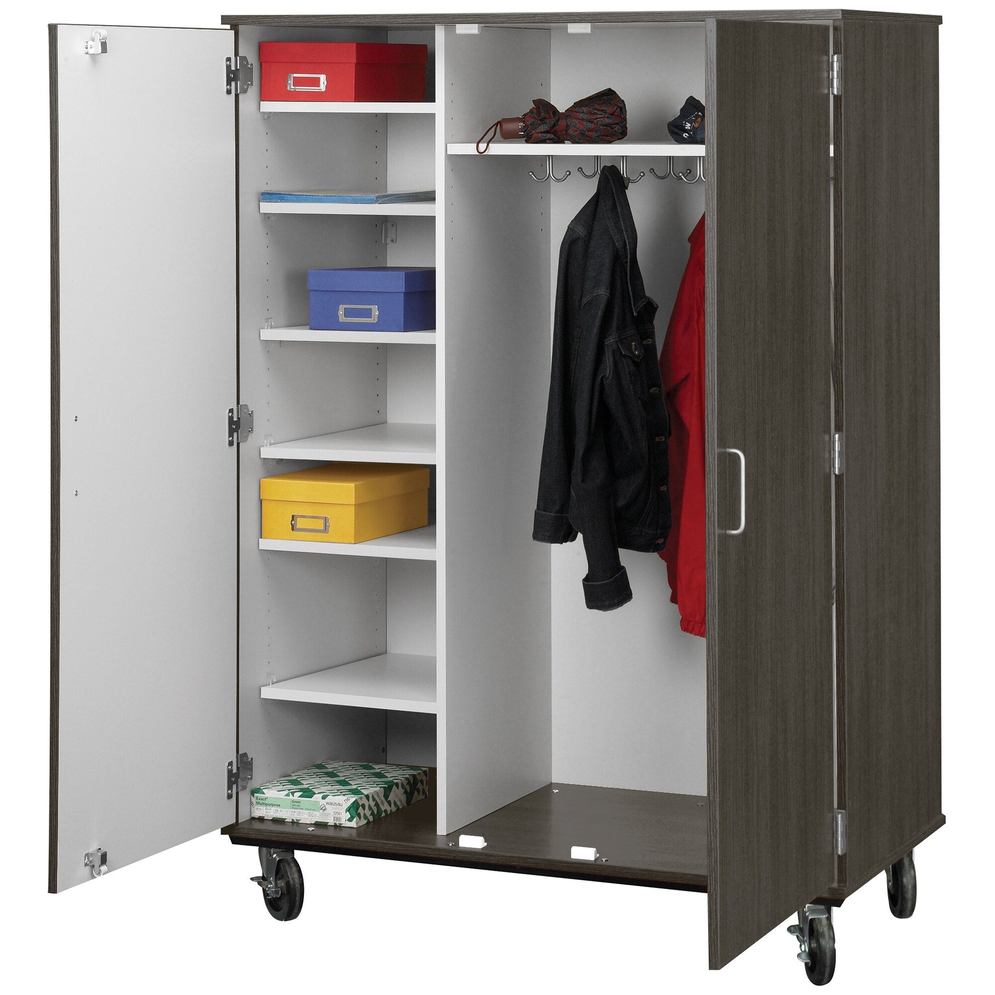 67" Tall Assembled Mobile Coat Storage Cart with Shelves and Locking Doors (80187 F67) - SchoolOutlet