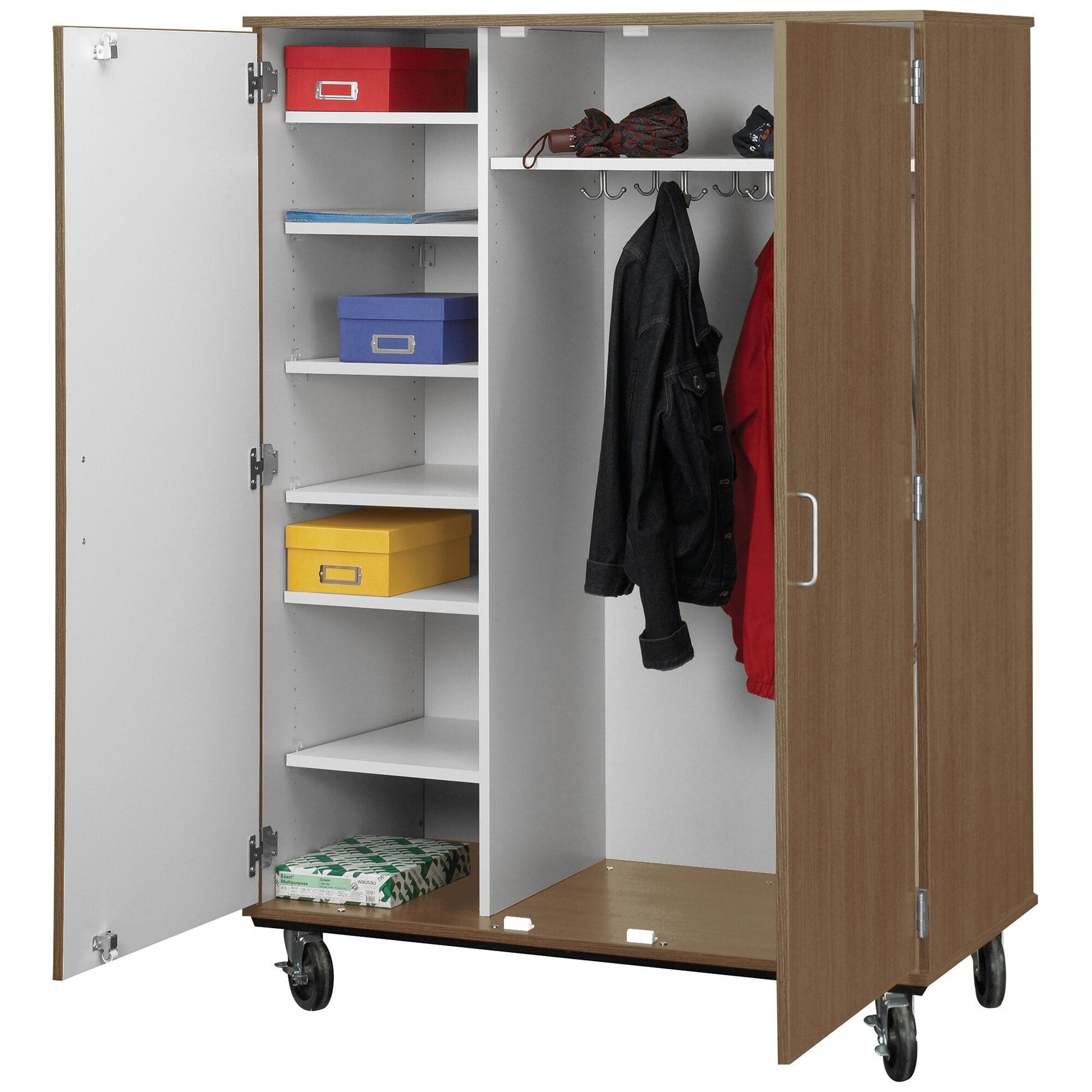 67" Tall Assembled Mobile Coat Storage Cart with Shelves and Locking Doors (80187 F67) - SchoolOutlet