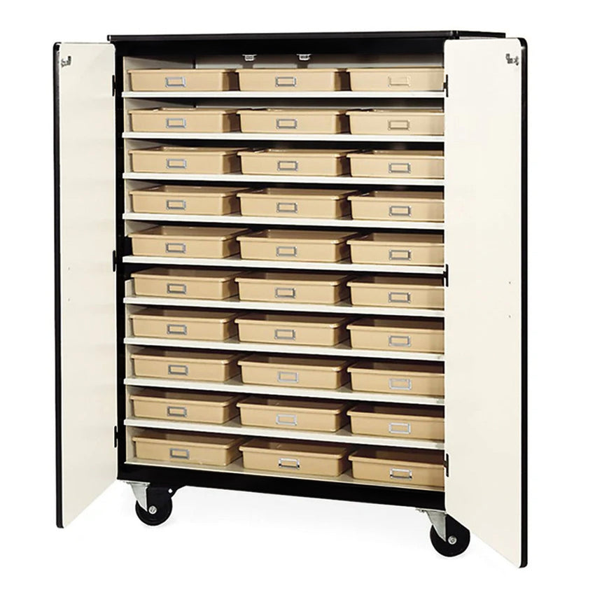 Virco 2501 - 30TTMMB - Mobile Storage Cabinet With Ten Steel Shelves, 30 Tote Trays, 2 Hinged Doors, Magnetic Marker Back - 48"W x 28"D x 66"H (Virco 2501 - 30TTMMB) - SchoolOutlet