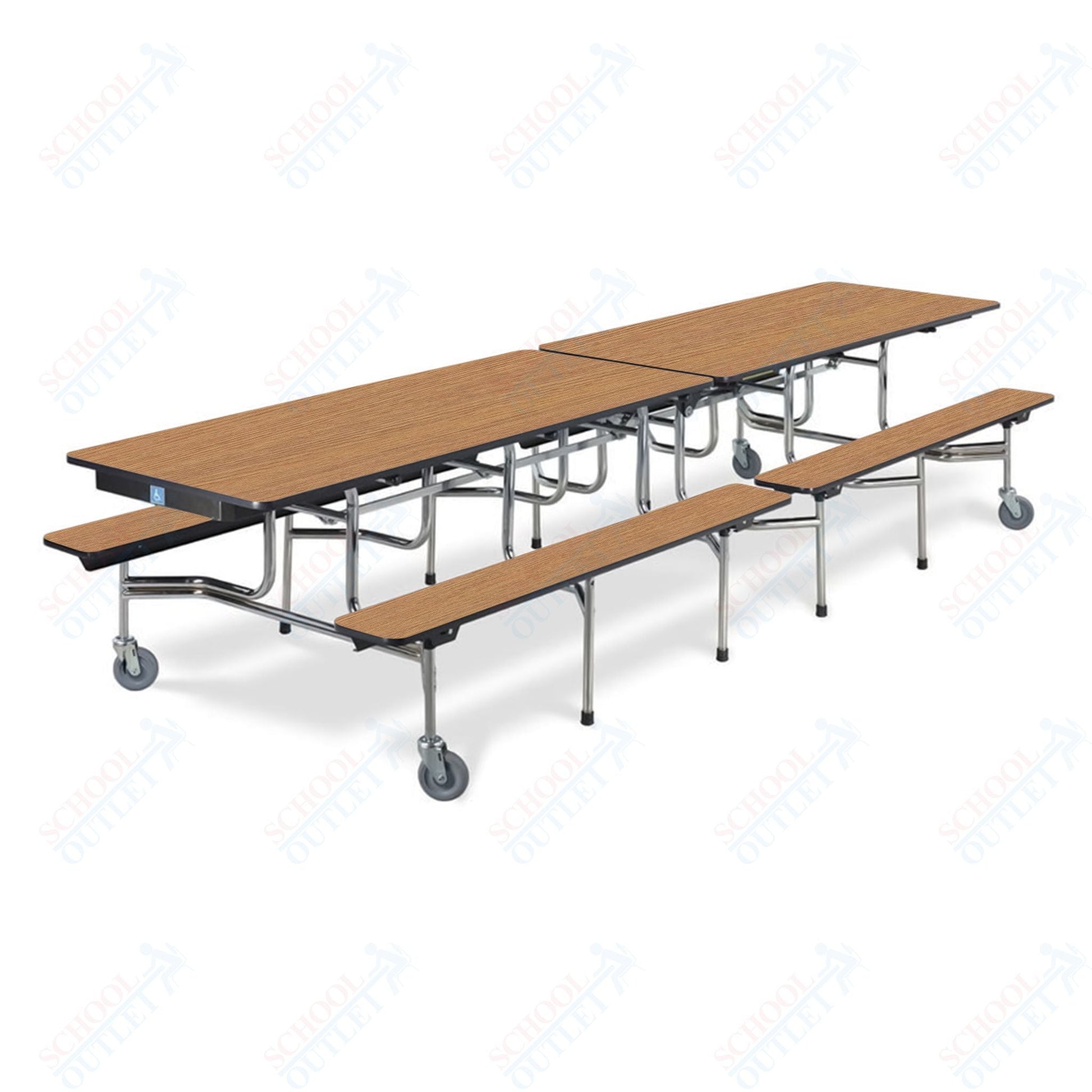 Virco MTB193112W - ADA Compliant Rectangle Mobile Bench Cafeteria Table - T - mold Edge - 19" Seat Height - 12.5'L - Seats 12 and 2 Wheelchair - SchoolOutlet