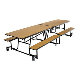 AmTab Mobile Bench Table - Rectangle - 30"W x 12'1"L - 4 Benches  Black Metal Frame, Oak Top with Black Dyna Rock Edge  (AMT-QUICK-MBT12-OBB)
