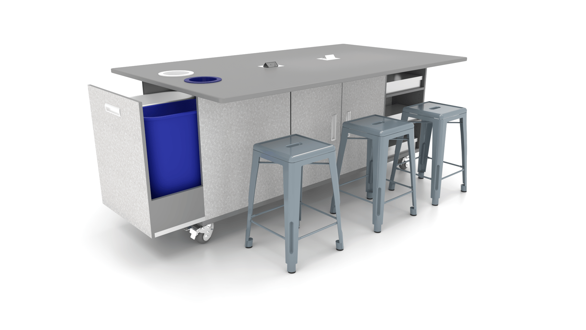 CEF ED Original Table 42"H Tough Top, Laminate Base with 6 Stools, Storage Bins, Trash Bins, and Electrical Outlets Included. - SchoolOutlet