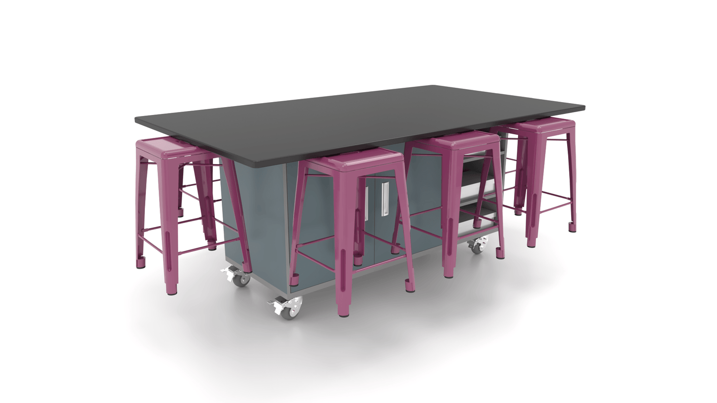 CEF ED8 Table 36"H Chemical Resistant Top, Laminate Base with 8 Stools, Storage bins, and Electrical Outlets Included. - SchoolOutlet