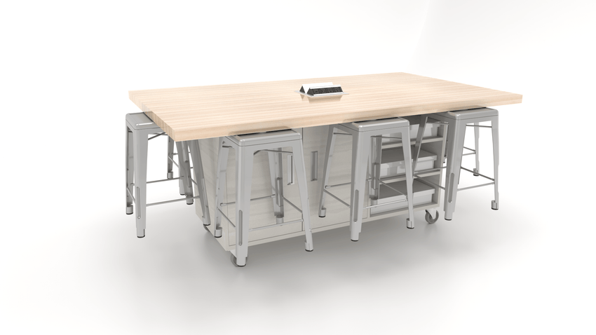 CEF ED8 Table 36"H High Pressure Laminate Top, Laminate Base with 8 Stools, Storage bins, and Electrical Outlets Included. - SchoolOutlet