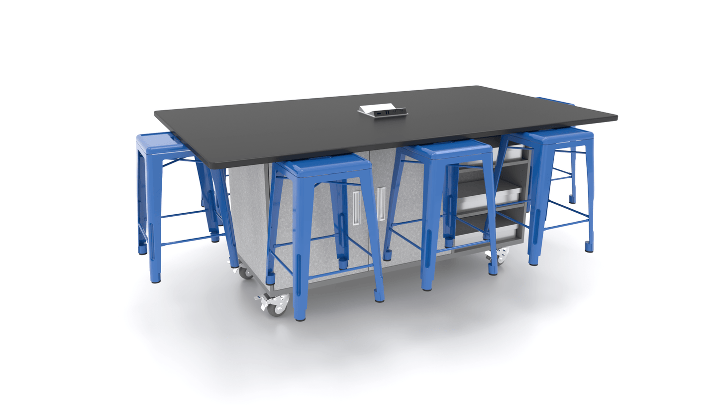 CEF ED8 Table 36"H Tough Top, Laminate Base with 8 Stools, Storage bins, and Electrical Outlets Included. - SchoolOutlet