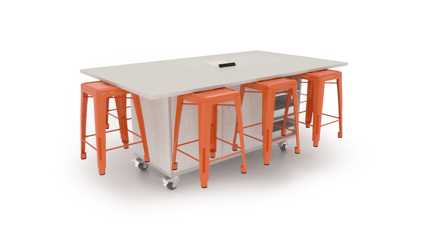 CEF ED8 Table 36"H Tough Top, Laminate Base with 8 Stools, Storage bins, and Electrical Outlets Included. - SchoolOutlet