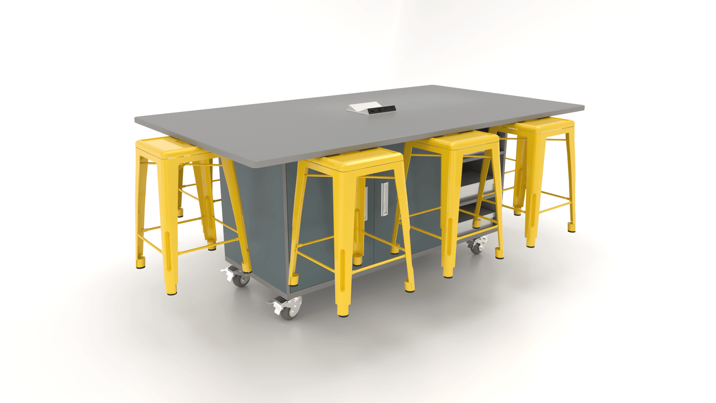 CEF ED8 Table 36"H Tough Top, Laminate Base with 8 Stools, Storage bins, and Electrical Outlets Included. - SchoolOutlet